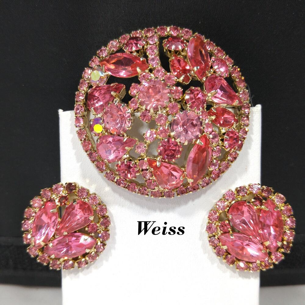 Vintage Weiss Pink Rhinestone Brooch Earrings Set 1960s Gold Tone